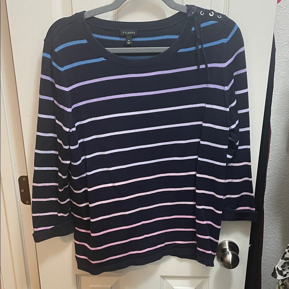 Talbots Women's Striped Long Sleeve Top - Navy and Lavender